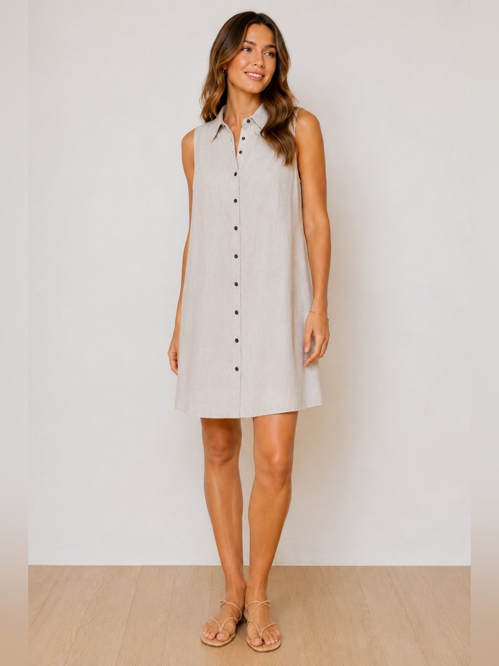 Sleeveless Button-Front Dress in Light Beige